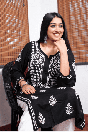 Phulkari Chikankari Rayon Long Straight Kurta set Black Color with White Palazzo