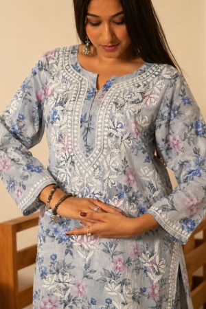 Mulmul Chikankari Long Straight Kurta set with Bottom Wear
