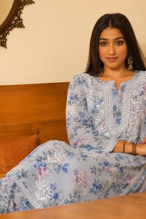 Mulmul Chikankari Long Straight Kurta set with Bottom Wear