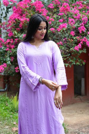 Saachi Chikankari Rayon Long Straight Kurta Set - Lavender Color