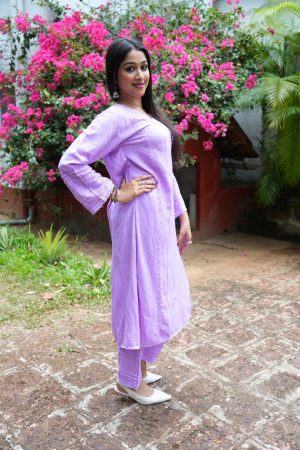 Saachi Chikankari Rayon Long Straight Kurta Set - Lavender Color