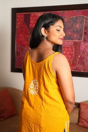 Spaghetti Strap Rayon Short Chikankari Kurta – Mustard Yellow color