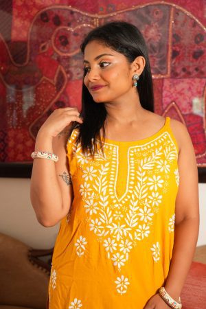 Spaghetti Strap Rayon Short Chikankari Kurta – Mustard Yellow color
