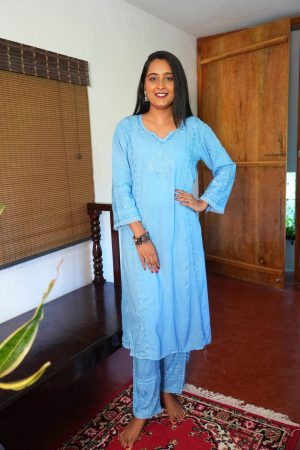 Saachi Chikankari Rayon Long Straight Kurta Set - Powder Blue Color