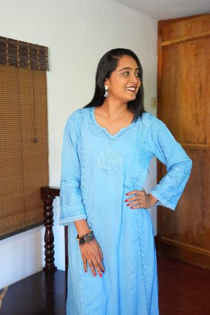 Saachi Chikankari Rayon Long Straight Kurta Set - Powder Blue Color