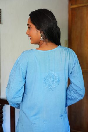 Saachi Chikankari Rayon Long Straight Kurta Set - Powder Blue Color