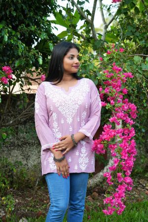 Modal Chikankari Premium Short Kurti -Lilac Color