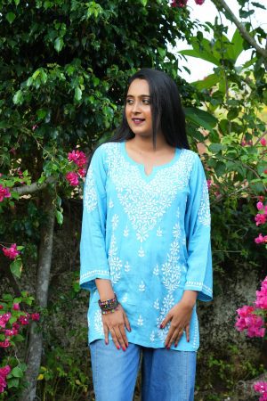 Modal Chikankari Premium Short Kurti -Blue Color