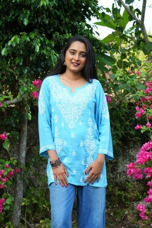Modal Chikankari Premium Short Kurti -Blue Color