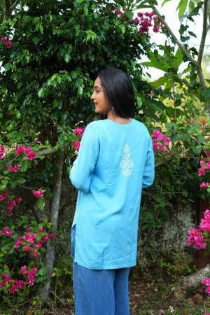 Modal Chikankari Premium Short Kurti -Blue Color