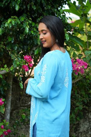 Modal Chikankari Premium Short Kurti -Blue Color